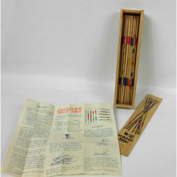 Vintage Mikado Spiel Wood Pick Up Sticks Game with Wooden Box & Instructions - Picture 1 of 4